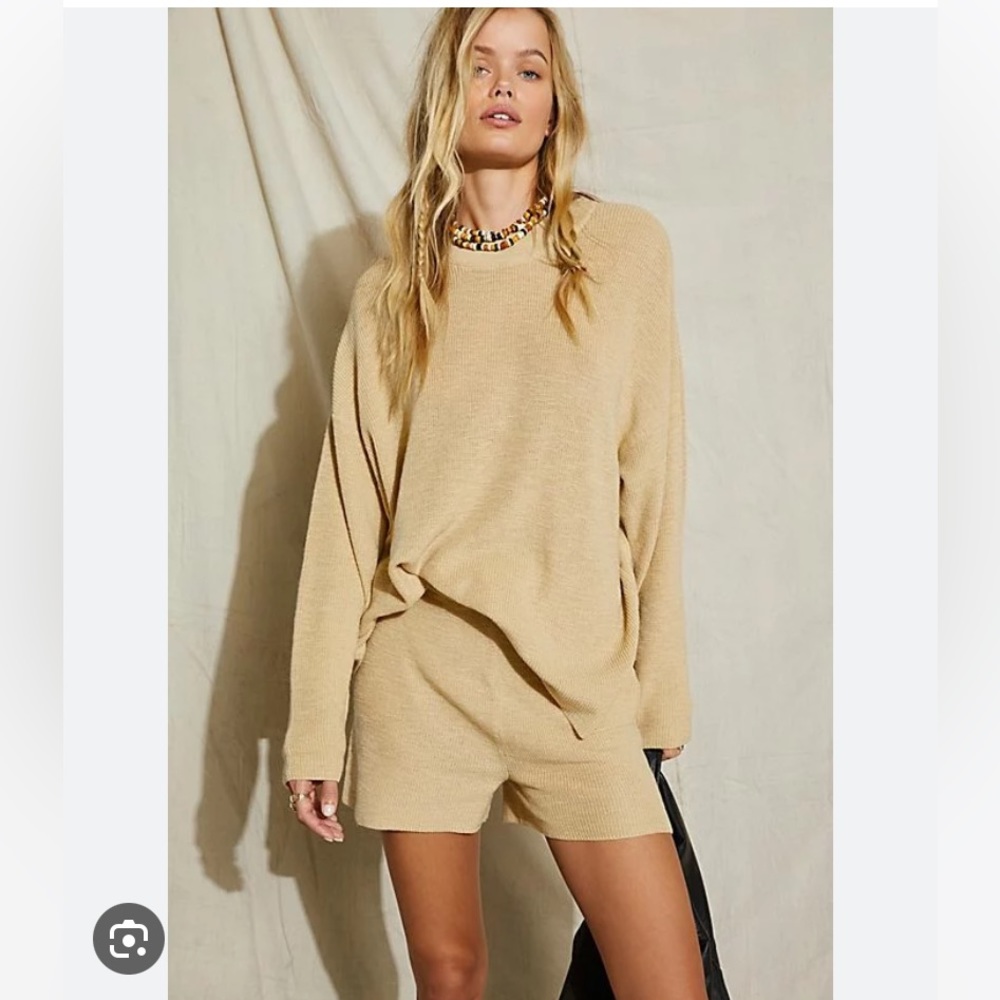 Free People Tan Knit Sweater and Shorts Set